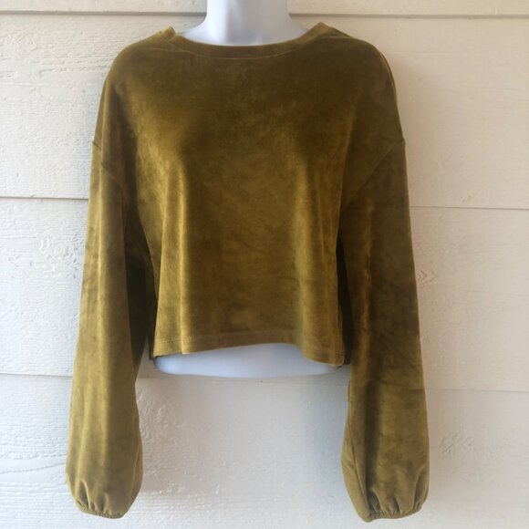 Double Zero Tops - Double Zero Mystical Medium Olive Gold Velvety-Feel Long Sleeve Crop Top
